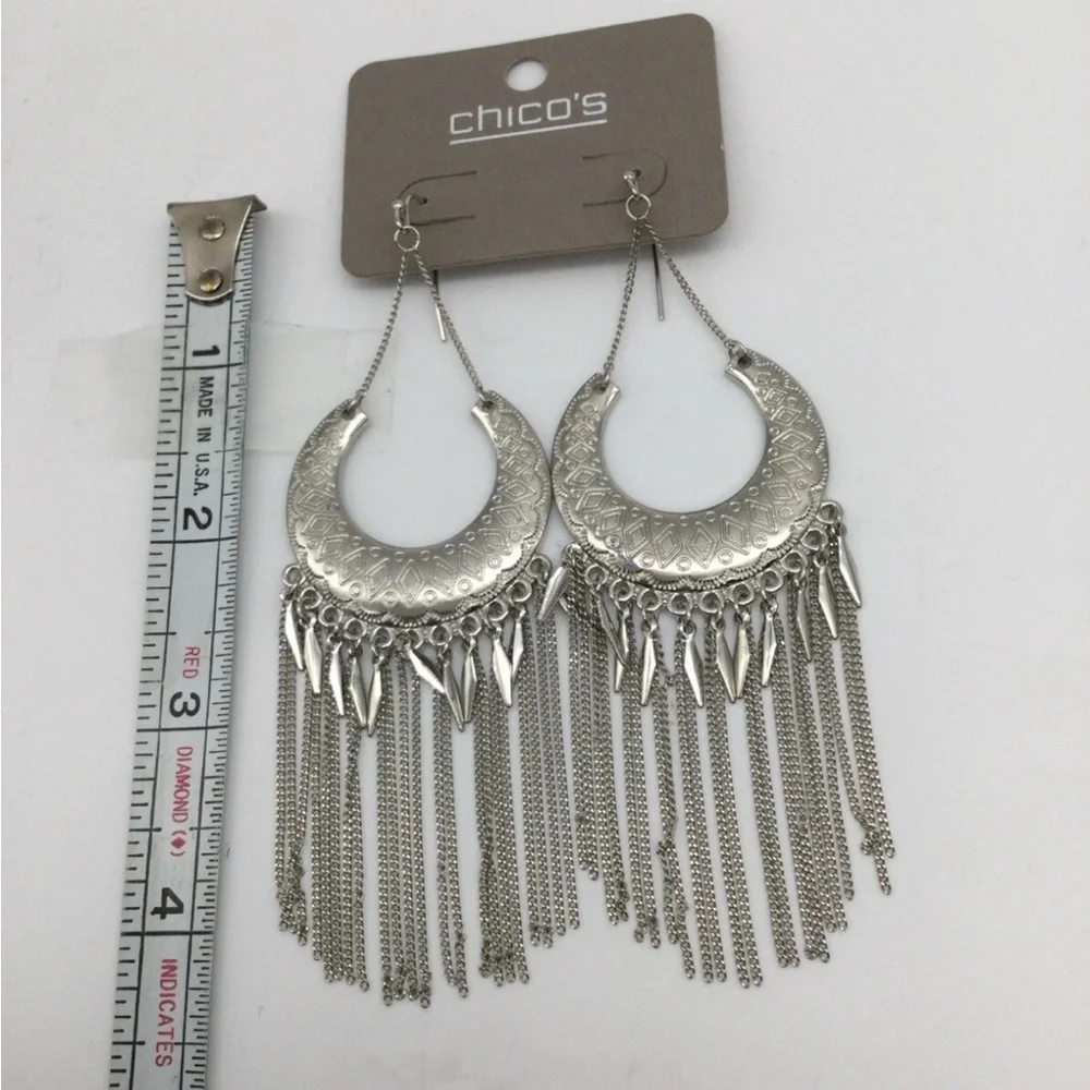 Chico's Silver Tone Crescent Dangle Earrings - Boho Chic Fringe